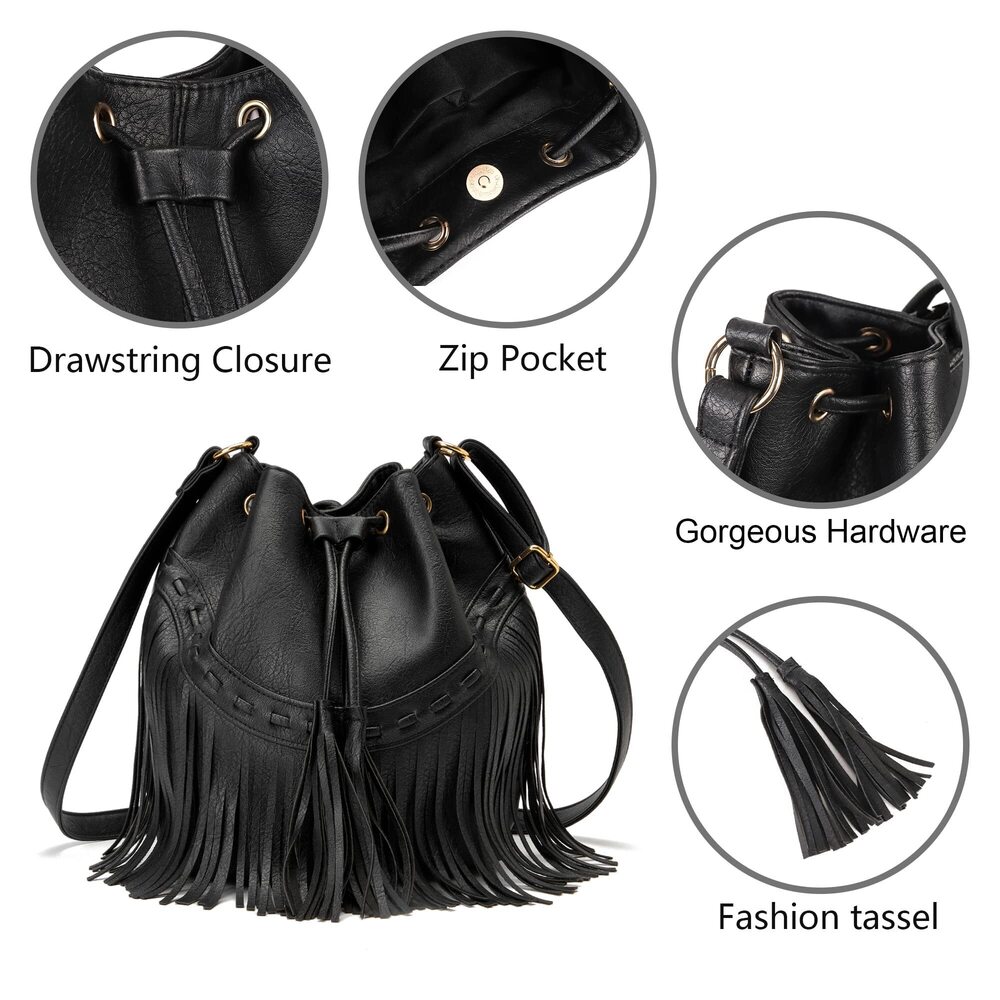 6916 Leather Bucket Bags Crossbody Fringe Purses with Drawstring Tassel - Picture 6 of 7